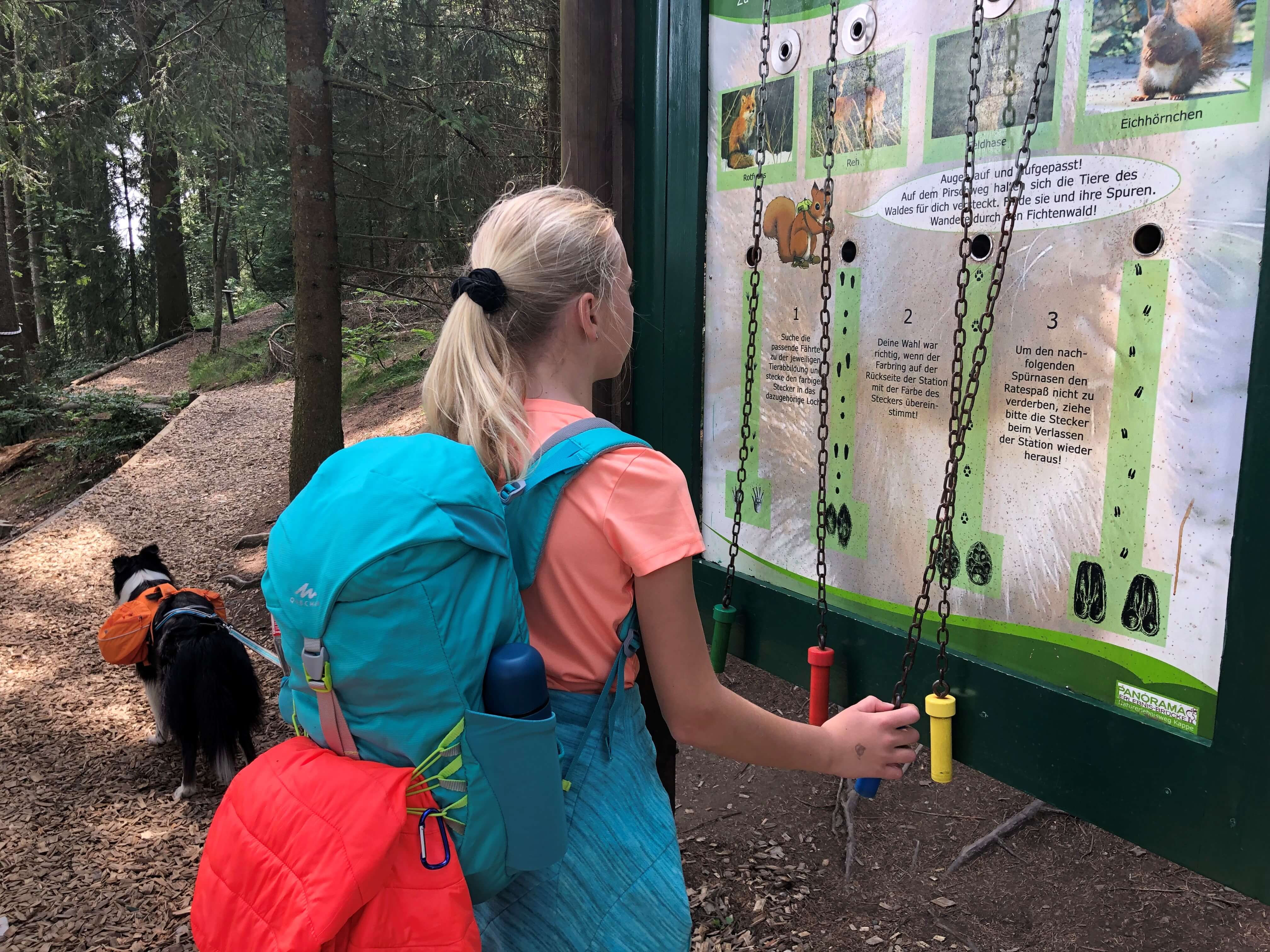 Family with dog at the nature adventure trail